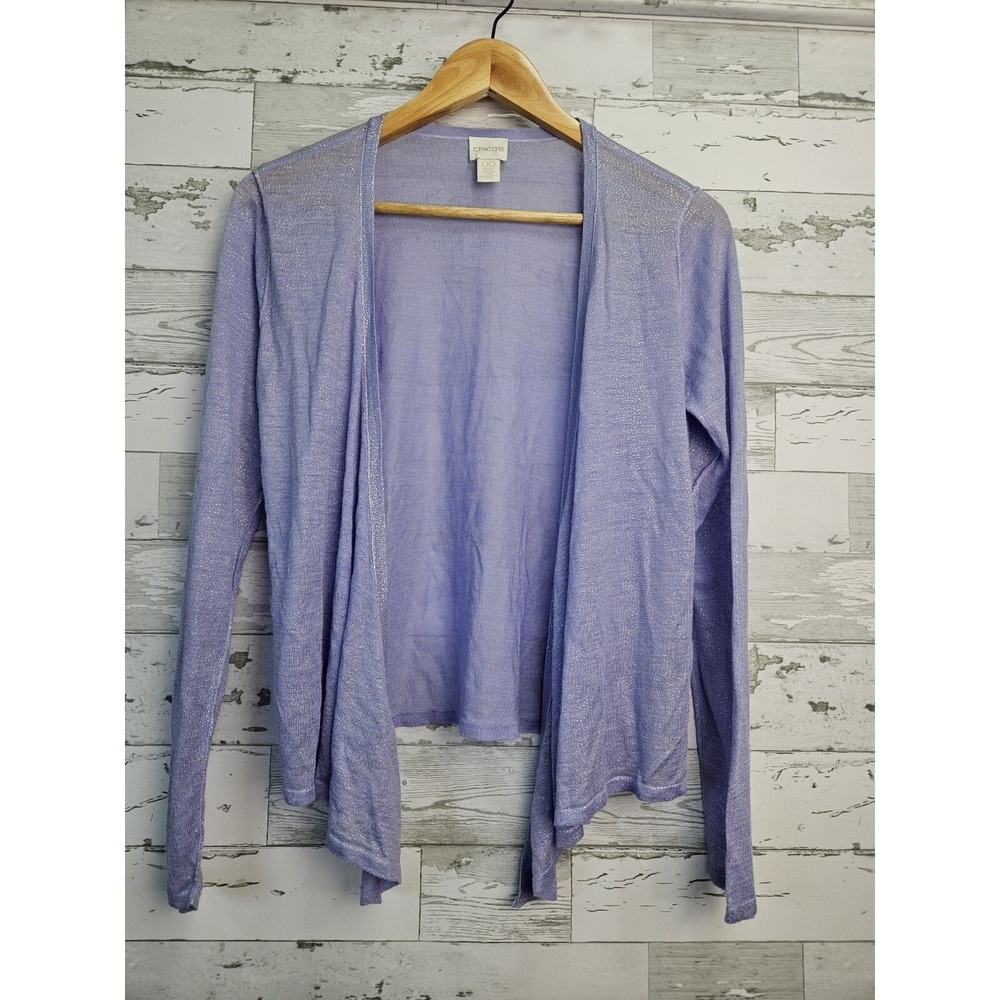 Chicos Lavender Purple Metallic Shimmer Tie Front Cardigan Sweater Size 00 XS
